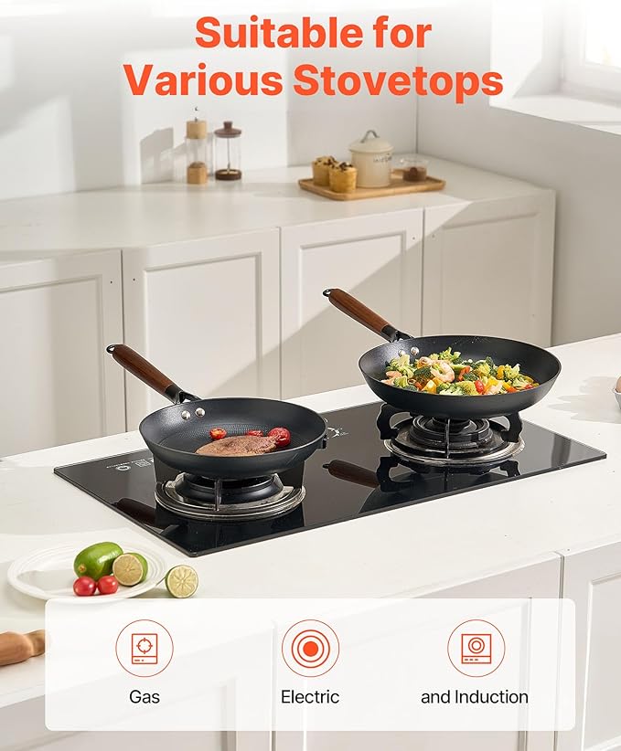 VEVOR Cast Iron Skillet, 3-Piece Frying Pan Set (8, 10, 12 in), Nonstick Skillets with Detachable Wood Handle, Pre-Seasoned Chef's Pan, Kitchen Cookware for Gas, Electrical, and Induction, Black