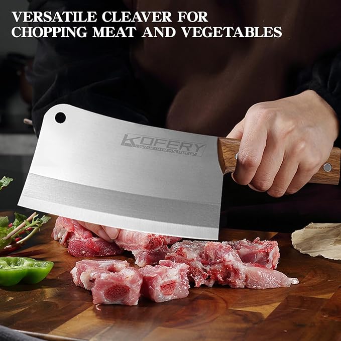 KOFERY 7.3-inch Chinese Bone Cleaver - Heavy Duty Butcher Knife Meat Chopper with Nature Wooden Handle, Perfect for Home Kitchen Use