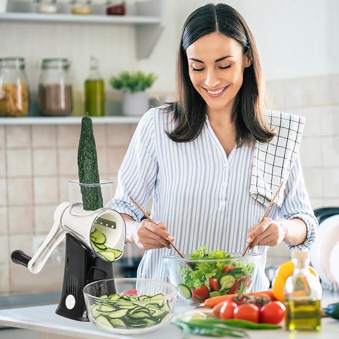 X Home 5-in-1 Rotary Cheese Grater for Kitchen, Upgraded Hand Crank Shredder with Stronger Suction Base & Multifunctional Drum Blades, for Cheese, Vegetables and Nuts, Easy to Use and Clean, Black