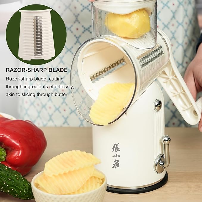 ZHANG XIAO QUAN SINCE 1628 5-in-1 Interchangeable Blades Rotary Cheese Grater Hand Crank, Cheese Shredder Mandoline Vegetable Julienne Slicer Cutter Nut Chopper with Anti-Slip Base, Cream