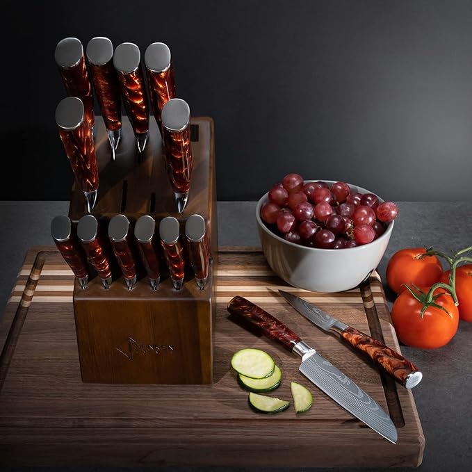 SENKEN 16-Piece Natural Acacia Wood Kitchen Knife Block Set - Japanese Chef's Knife Set with Laser Damascus Pattern, Includes Steak Knives, Kitchen Shears, Santoku, Cleaver & More (Red Resin Handles)