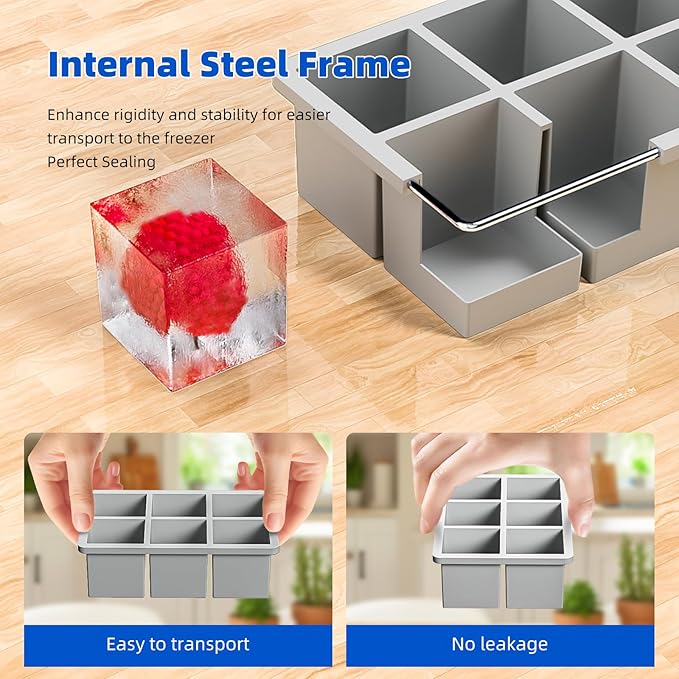 Large Ice Cube Tray for Whiskey 3 Pack, HANCELANT Big Silicone Square Ice Cube Mold with Removable Lid, 2'' Huge Square Ice Cubed Tray for Whisky and Cocktail(Grey)