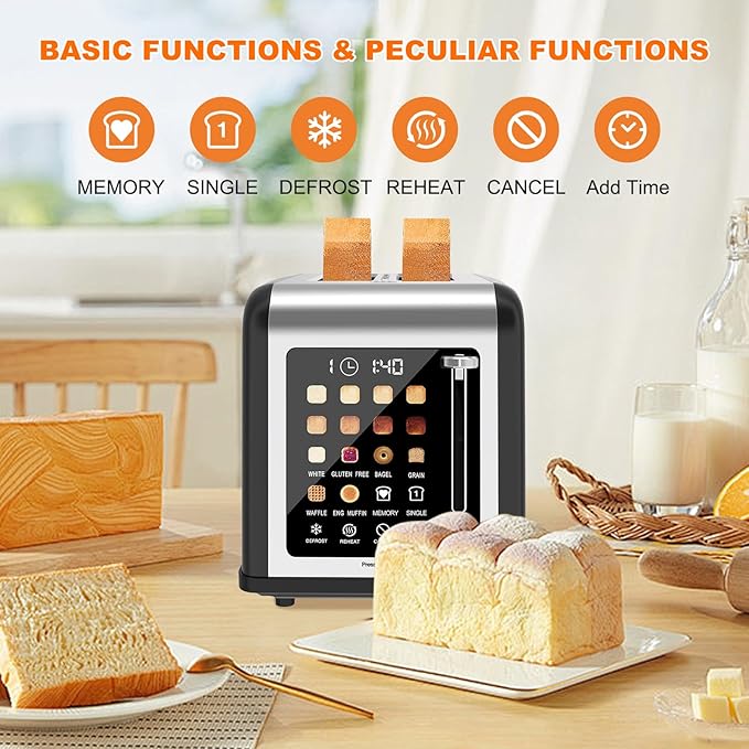 2 Slice Toaster Touch Screen, Stainless Steel Toasters Digital Timer 2 Slot Toasters, 8 Shade Settings 6 Bread Types for Bagel, Cancel, Defrost (Black)