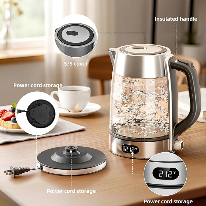 Kndko Electric Kettle,Temperature Adjustmenet, Stainless Steel Filter and Cover,1.7L Tea Kettle & Hot Water Boiler For Coffee & Tea, Automatic Shut Off,1500W, Black and Silver