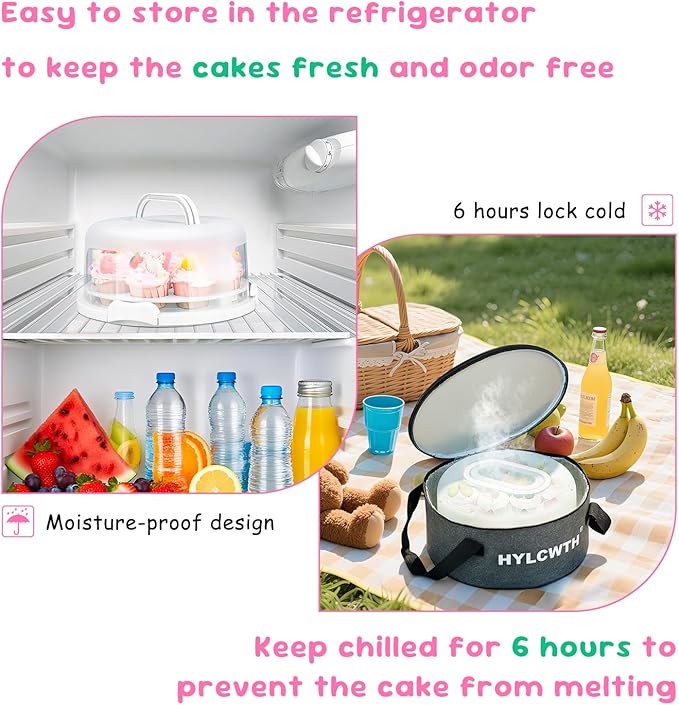 Cake Carrier With Lid And Handle, Bpa-Free Cake Holder With Lid For 10 Inch Round Cake Carrier With 10 pcs Round Golden Cake Boards And Portable Insulated Bag（White）