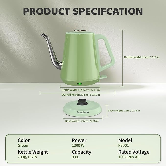 Gooseneck Electric Kettle(0.8L),1200 Watts Fast Boiling,Stainless Steel BPA Free,Automatic Shut Off,Pour Over Kettle for Coffee & Tea- Green