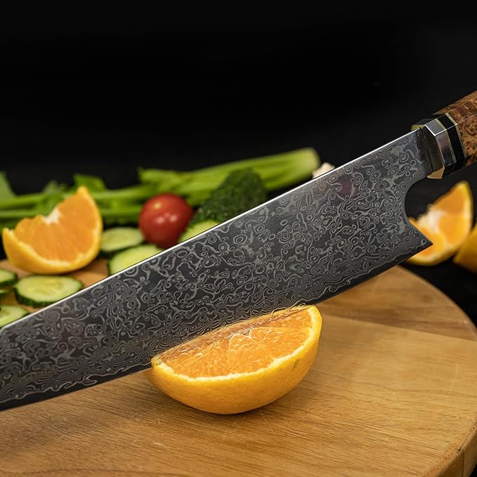 Seido Knives Kiritsuke Damascus Steel Chef Knife Epoxy Resin Stabilized Wood Handle Professional Kitchen Knife VG10 High Carbon Stainless Steel, Pearl White