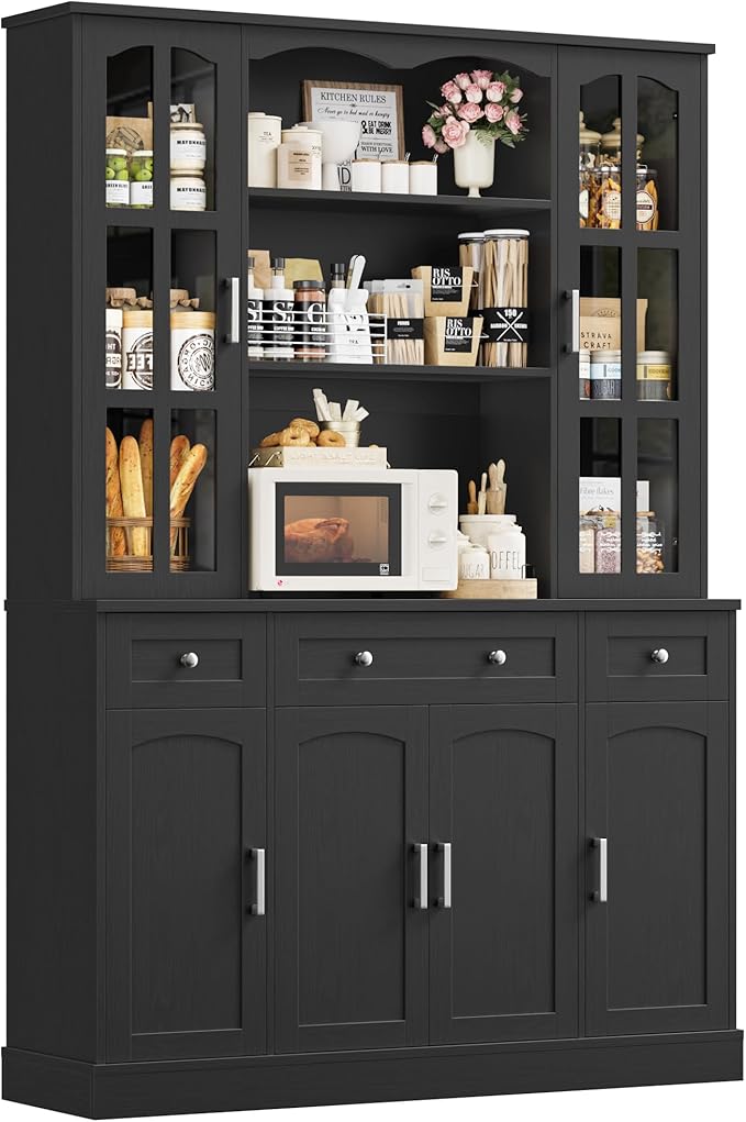 Keyluv 74.8" H Tall Pantry Cabinet with Microwave Stand and 3 Drawers, Large Kitchen Hutch Storage Cabinet with Glass Door and Adjustable Shelves for Kitchen, Dining Room, Living Room, Black