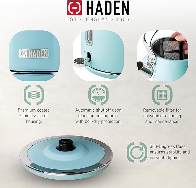 Haden Heritage 4 Slice Wide Slot Stainless Steel Toaster Bundled with 1.7 Liter Stainless Steel Electric Water Kettle, Turquoise & Chrome