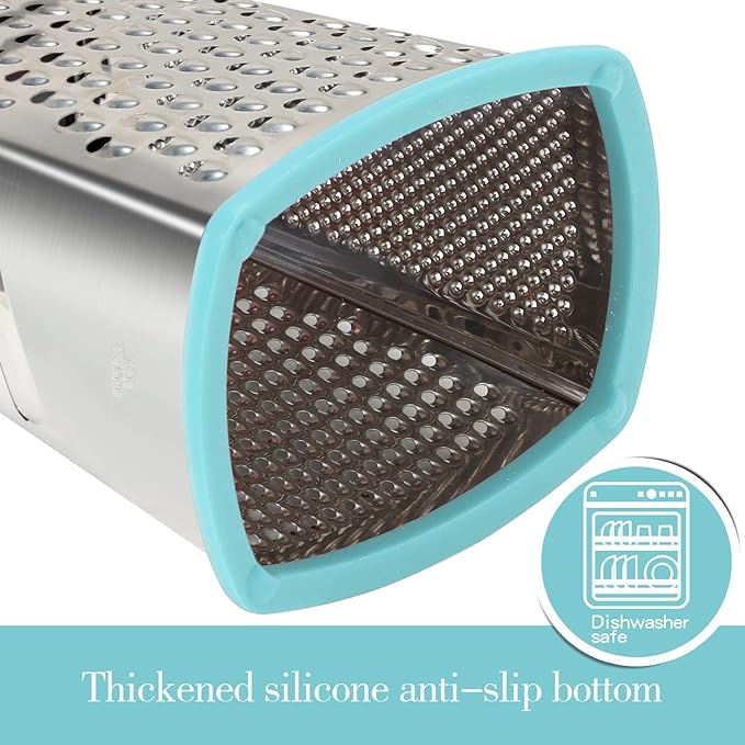 Ourokhome Cheese Grater with Handle, Stainless Steel Box Grater, 4 Side Kitchen Vegetable Shredder Slicer Zester with Container for Parmesan, Cabbage, Ginger, Lemon, Chocolate, Coconut (Teal)