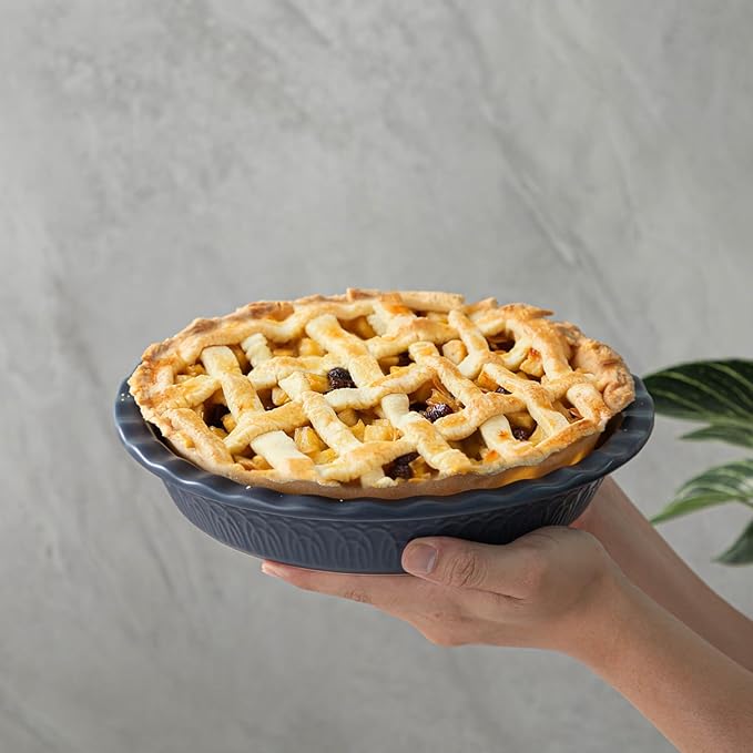 Fun Elements Ceramic Pie Pan, 9 Inch Pie Dish for Baking, Ruffled Pie Plate, Non-Stick Deep Dish Pie Pan for Apple Pie and Pot Pie, Set of 2, Blue