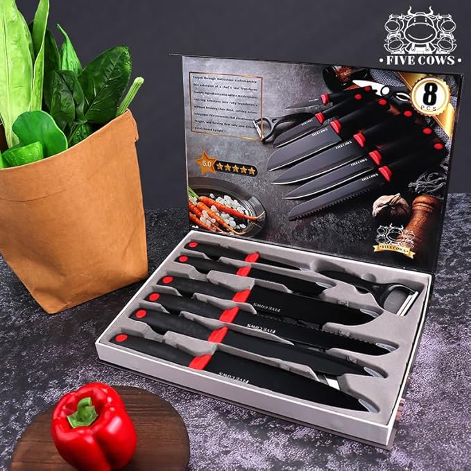 8-Piece Chef Knife Set - Ultra Sharp Premium German High Carbon Stainless Steel, Razor-Sharp & Durable, Lightweight Anti-Slip Handle, Professional Kitchen Knives with Gift Box (Red 8 Piece)