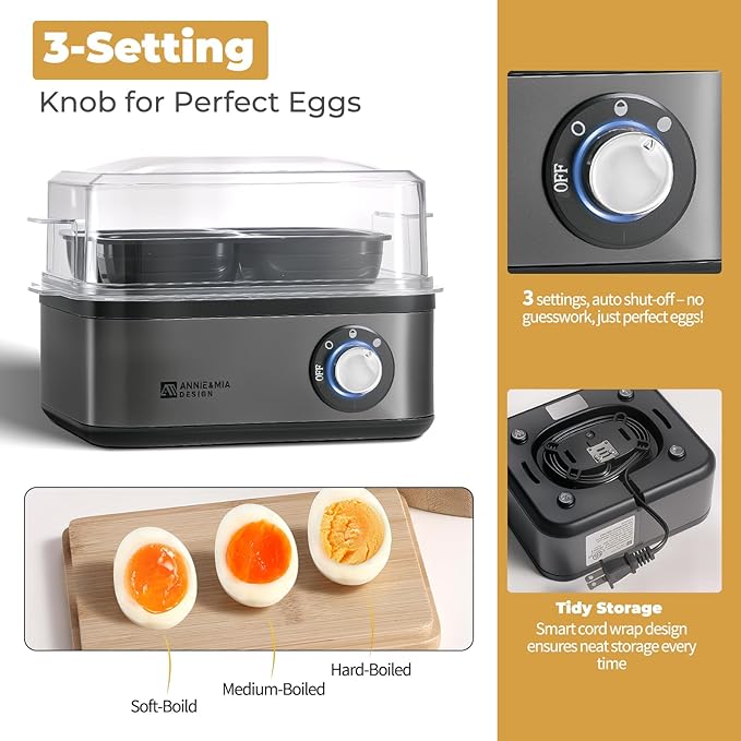 Annie & Mia Design Electric Egg Cooker, Stainless Steel 8 Egg Capacity egg boiler, 500W, Hard, Medium, Soft Boiled Egg Poacher, egg steamer, Multi-function, Knob Auto Shut-Off Function (Black)