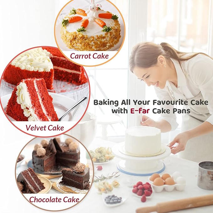 6 Inch Cake Pan Set of 2, E-Far Stainless Steel Round Layer Smash Cake Baking Pans with Parchment Rounds & Side Liner Roll, Non-Toxic & Healthy Metal Cakes Tin, Straight Side & Dishwasher Safe