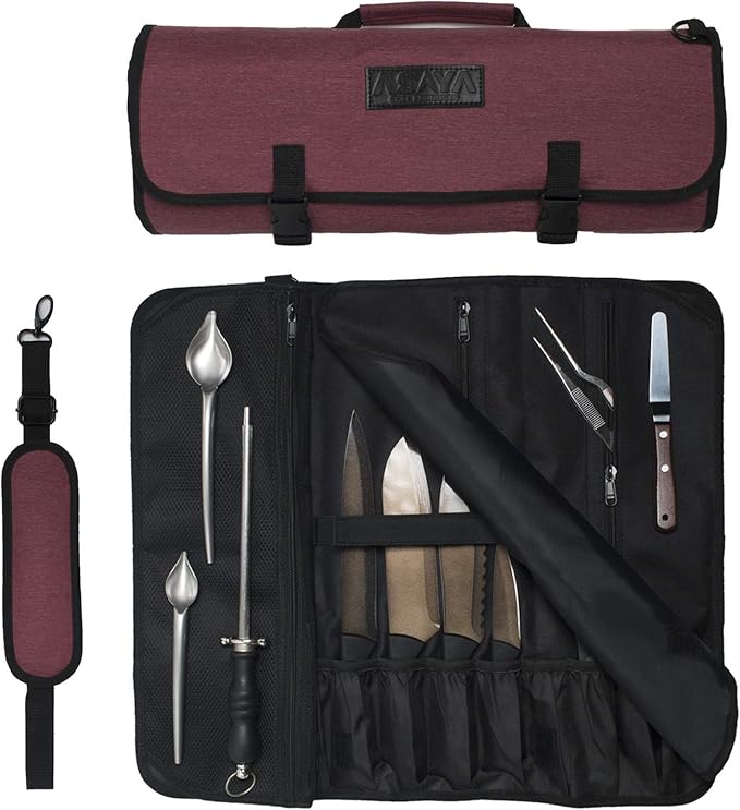 Asaya Chef Knife Roll Bag - 20 Total Pockets for Knives and Kitchen Utensils - Made with Stain Resistant Waxed Nylon - For Chefs and Culinary Students - Knives Not Included(Red)