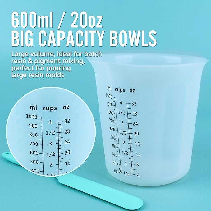Silicone Resin Mixing 1L Measuring Cup Set for Resin Supplies, Easy-to-Read Marks, 1000ml/32oz Large Cup, 500&250&100ml Thickened Reusable Silicone Cups for Epoxy Mixing, Jewelry Making