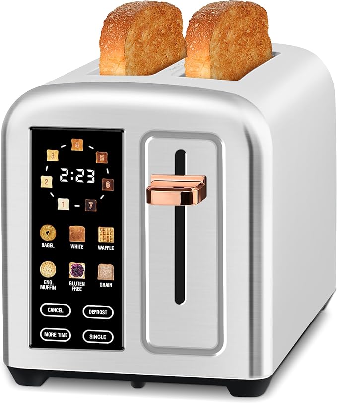 SEEDEEM Toaster 2 Slice, Real Touch Screen with LCD Display, Single-Slice Function, Stainless Steel Toaster, 50% Faster Heating, 1.5" Wide Slots, Removable Crumb Tray, 1350W, Silver Metallic