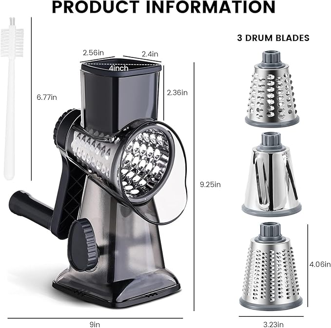 HANSGO Rotary Cheese Grater Hand Crank, Shredder Slicer Grinder, 3 Large Diameter Metal Blades & Cleaning Brush, Non-slip Suction Base, Labor-Saving Handle, Kitchen Gadgets for Cheese, Vegetable, Nuts