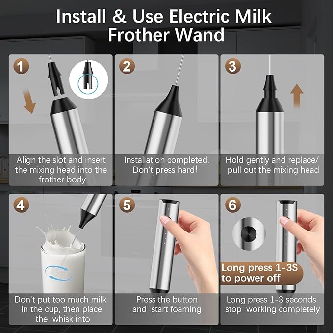 Rechargeable Milk Frother with Stand, Electric Frother Wand Handheld Coffee Foam Maker Detachable Stainless Steel Whisk Drink Mixer Foamer for Latte, Cappuccino, Hot Chocolate, Egg (Silver)