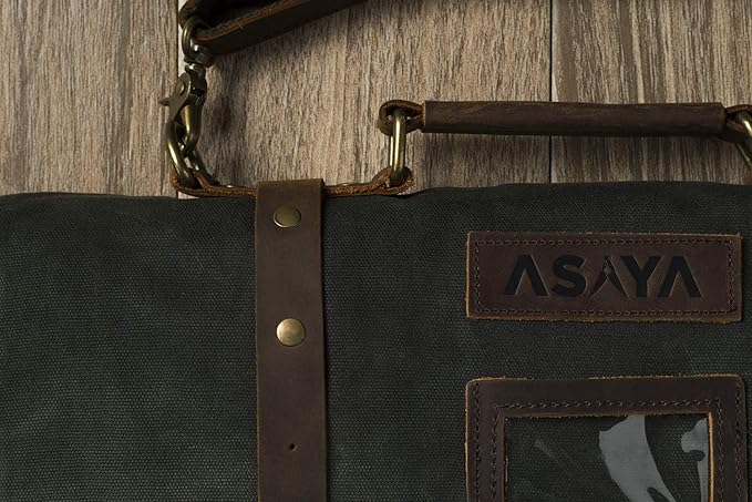 Asaya Waxed Canvas Knife Roll - 15 Knife Slots, Card Holder and Large Zippered Pocket - Genuine Leather, Cloth and Brass Buckles - for Chefs and Culinary Students - Knives Not Included