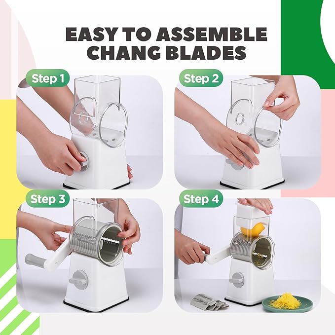 6-in-1 Rotary Cheese Grater with 12 Blades Hand Crank Food Grater Vegetable Slicer with Suction Base, 360° Rotating Handle and Safety Push Cup Multi Blade Shredder Chopper to Dice for Kitchen