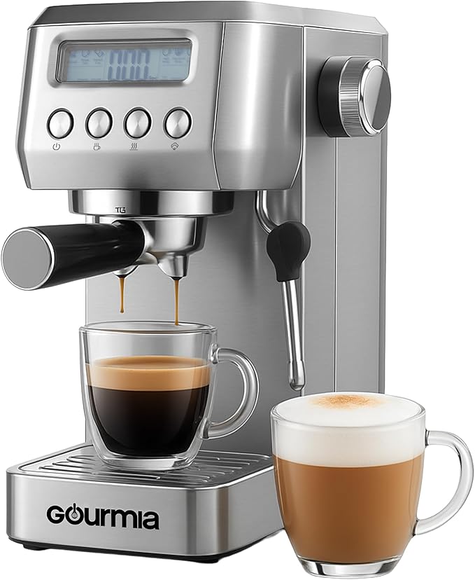 Gourmia Slim Espresso Machine – 20-Bar Pump, LCD Display, Milk Frother, Adjustable Temperature, Manual & Auto Brew for Single/Double Shots, 1350W, Stainless Steel