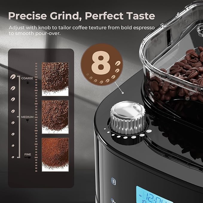 Drip Coffee Maker with Grinder Built In, 10-Cup Grind and Brew Coffee Machine, Programmable with Brew Strength, Permanent Filter, Glass Carafe, 50oz Water Reservoir, Ideal for Home/Office, Black