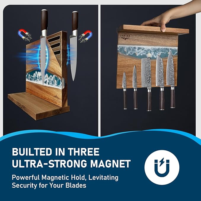Original Sea Wave Magnetic Knife Block, Double Sided Knife Holder Holds Up To 10 Knives, Wooden Knife Storage Organizer for Counter Top without Knives (12 X 10 Inches)