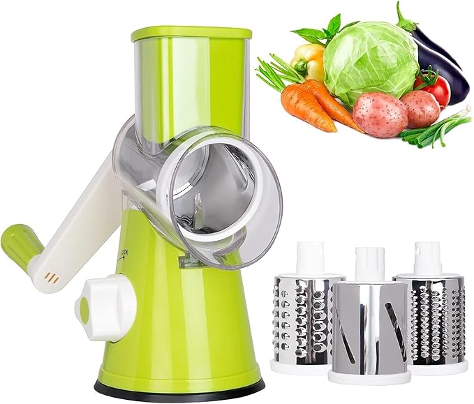 X Home Rotary Cheese Grater for Kitchen, Shredder with 3 Interchangeable Blades, Rotary Grater with Handle and Strong Suction Base, for Vegetables, Fruit, Nuts, Easy to Use and Clean, Green