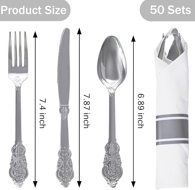 WELLIFE 50 Pack Silver Plastic Silverware, Plastic Cutlery Set Include 50 Forks, 50 Knives, 50 Spoons and 50 Pre Rolled Napkins, Disposable Utensils for Party and Wedding