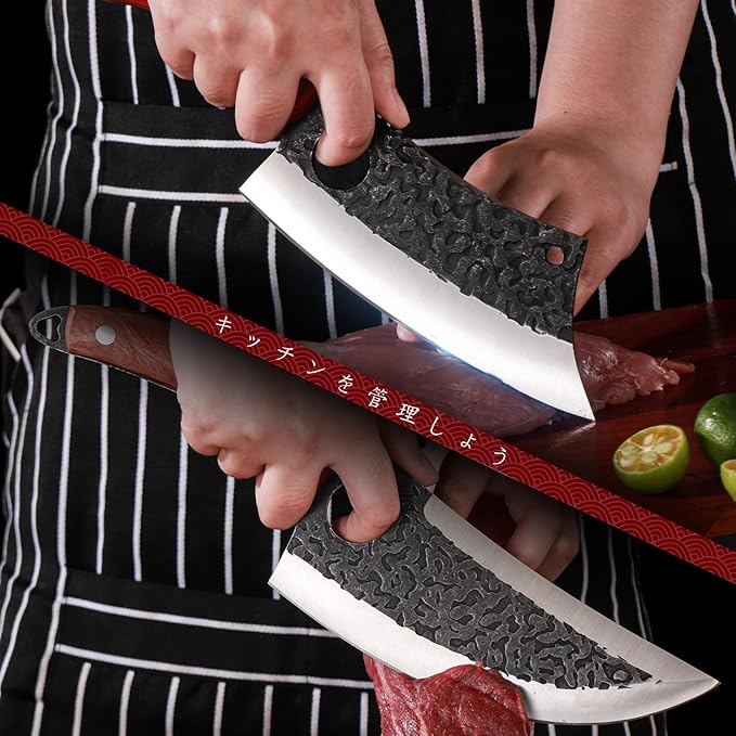 DRAGON RIOT Professional Butcher Knife Set for Meat Processing, 3Pcs High Carbon Steel Hand Forged Serbian Cleaver Chef Knife Set with Ergonomic Handles for Kitchen Outdoor Cooking