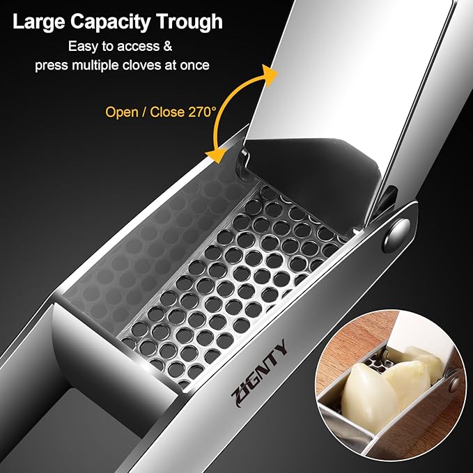 Professional Garlic Press Stainless Steel, Garlic Mincer No Need to Peel, Large Trough Garlic Crusher, Ergonomic Handle Garlic Ginger Presser Masher, Easy Squeeze Rust Proof Dishwasher Safe