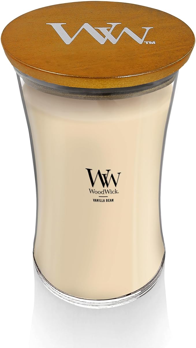 WoodWick Vanilla Bean Holiday Candle Gifts for Women and Men, 21.5 oz Large Hourglass Candle with Crackling Wick