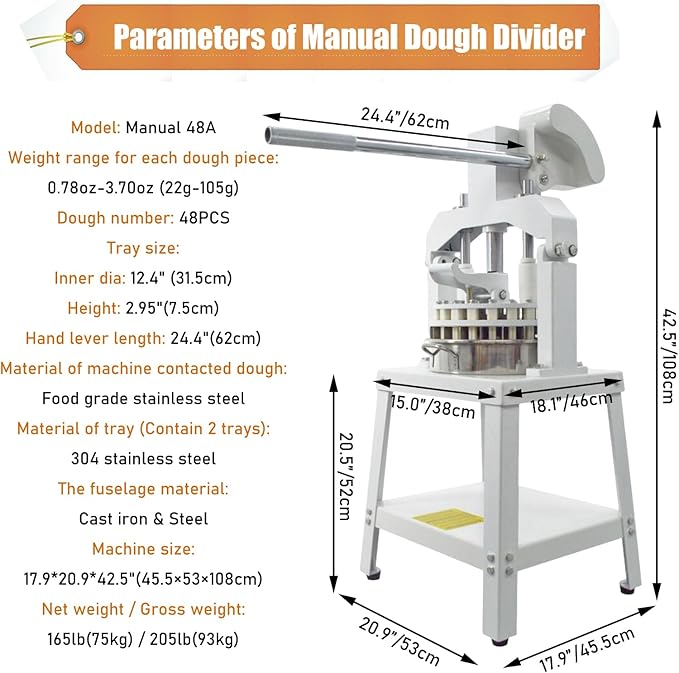 Commercial Dough Divider Manual 48PCS Dough Divider 0.78oz-3.70oz Heavy Duty Dough Cutter Machine with 22-105g Dough Weight Range for Baking, 48PCS