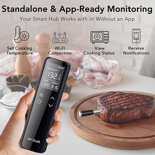 BFOUR WiFi Wireless Meat Thermometer with Standalone Base, 6 Precision Sensor, Waterproof and Heat Resistant, Intuitive Smart App, Bluetooth Meat Thermometer for Cooking, BBQ, Oven, Grill, Smoker