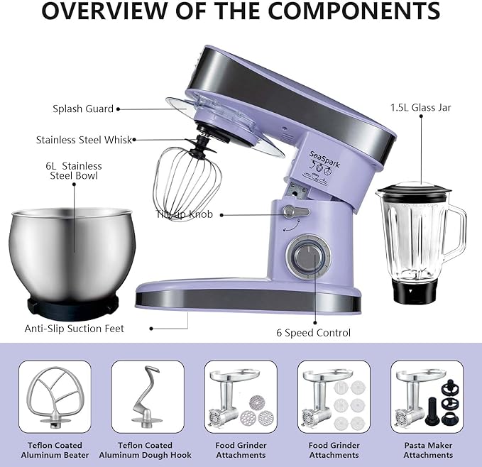 Multifunctional Stand Mixer 6.3Qt 6-Speed Tilt-head, Electric Kitchen Mixer with Stainless Steel Bowl,Meat Grinder, Juice Blender (Purple)