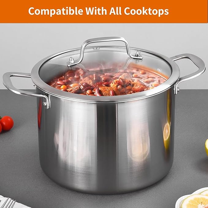 DELARLO Tri-Ply Stainless Steel Soup Pot 12QT, Tri-ply Big Pots for Cooking, 18/10 whole clad Stainless Steel Pot, Fast Even Heat, 12 QT Stock cookware with Lid, Pasta Pot, Induction Ready Up to 600℉