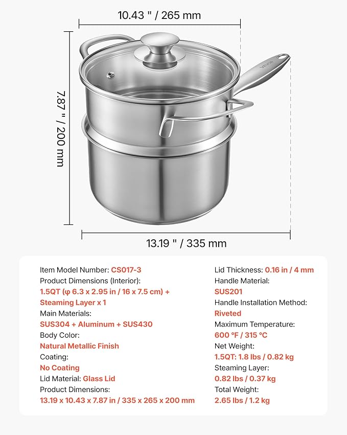 VEVOR 1.5 QT Saucepan with Steamer, Stainless Steel Saucepan with Glass Lid, Multipurpose Nonstick Stainless Steel Sauce Pot with Ergonomic Handle, Friendly for Oven, Dishwasher, Induction Cooker