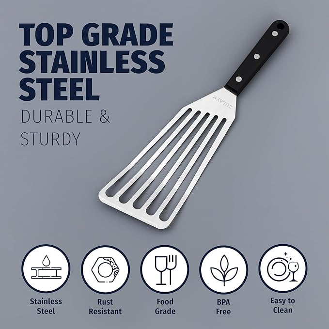 Zulay Kitchen Stainless Steel Fish Turner Spatula - 12.4” Flexible Heat-Resistant Slotted Turner for Non-Stick Cookware - Rust-Proof, Durable & Dishwasher Safe Cooking Utensil for Everyday Use
