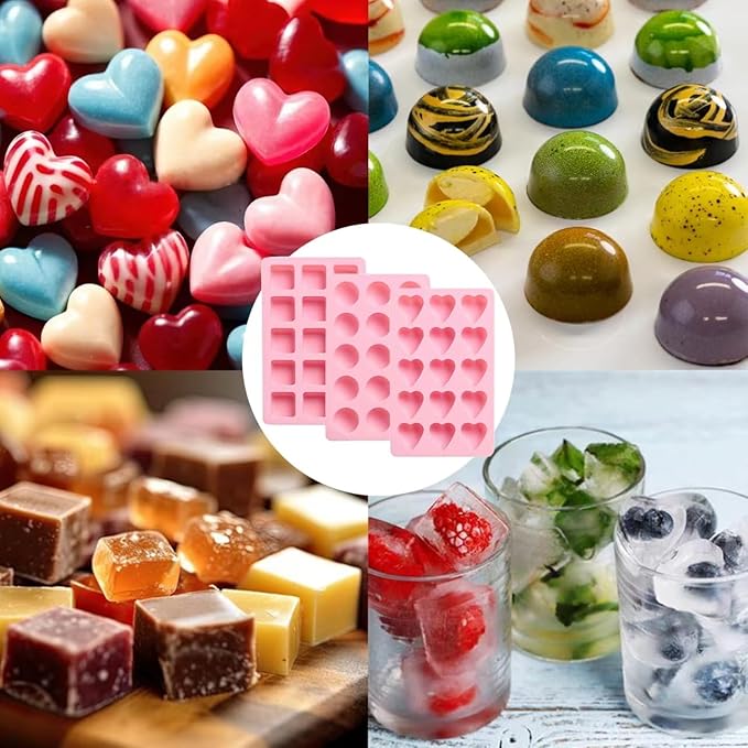 3PCS Hard Candy Molds Silicone, Gummy Chocolate Silicone Mold, Candle Soap Wax Melts Mold, 15 Cavity Heart Silicones Molds for Gummy, Hard Candy, Ice, Wax (Including Square, Round, Heart)