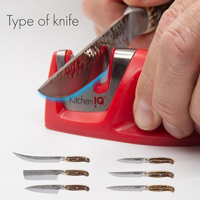 KitchenIQ 51421 | Edge Grip 2-Stage Knife Sharpener | Red – 3 Pack | Coarse & Fine Sharpener | Compact for Easy Storage | Stable Non-Slip Base | Soft Grip Rubber Handle | Straight & Serrated Knives