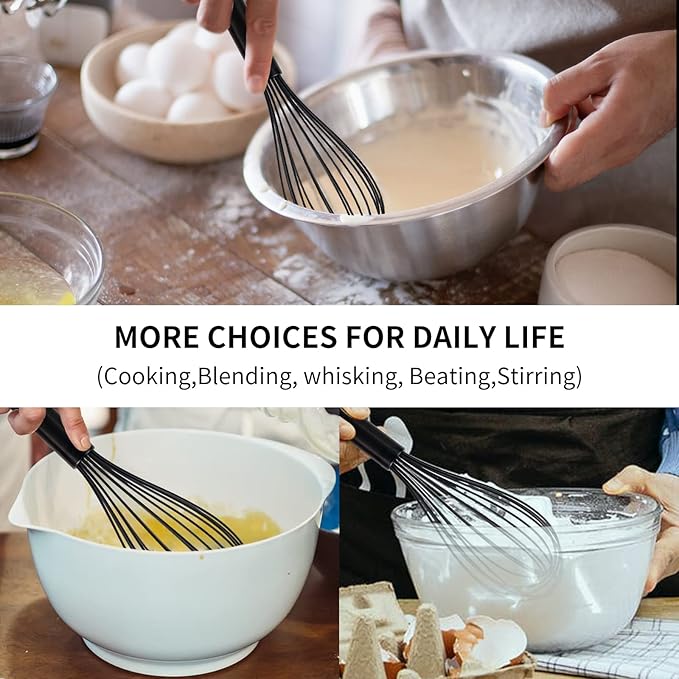 TEEVEA Silicone Whisk Set of 3 Non Scratch Non Stick Silicone Coated Stainless Steel Wire Whisks Heat Resistant 480°F Kitchen Wisk for Cooking Blending Whisking Tool Black