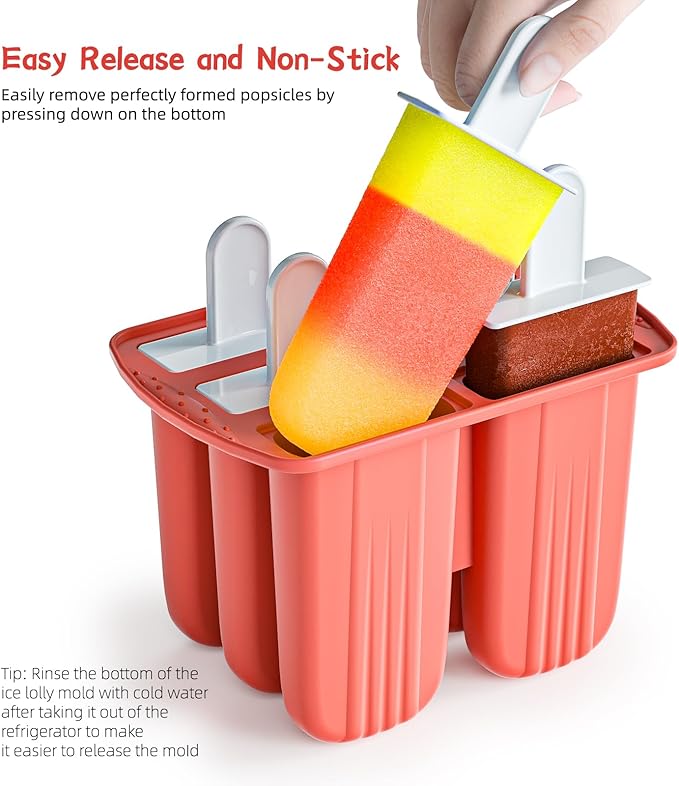 6 Pieces Silicone Popsicle Molds,Easy-Release BPA-Free,Ice Pop Mold Ice Cream Molds For Kids,With 6 PCS Plastic Stick+Cleaning Brush(Red)
