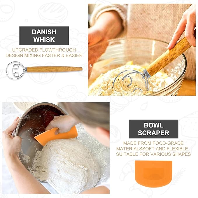 Bread Proofing Basket Set with 10" Round and 9.6" Round Banneton Baskets, Silicone Bread Sling Baking Mat, Whisk Cutter Scraper Lame - Sourdough Bread Baking Supplies Ideal Sourdough Starter Kit