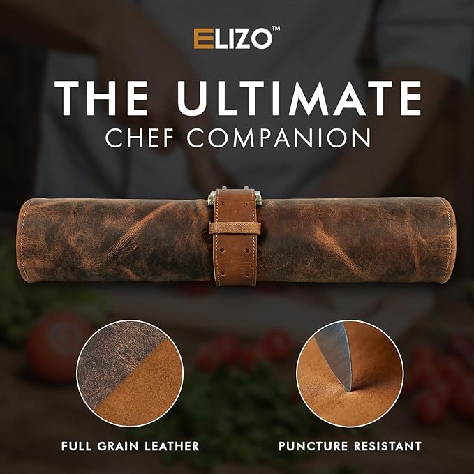 ELIZO Leather Knife Roll Bag Professional Chef Knife Case, Durable Knife Sheath Holder, Cooks & Culinary Tools Carrying Storage, Portable Knife Wrap - 4 Slots (Saddle)