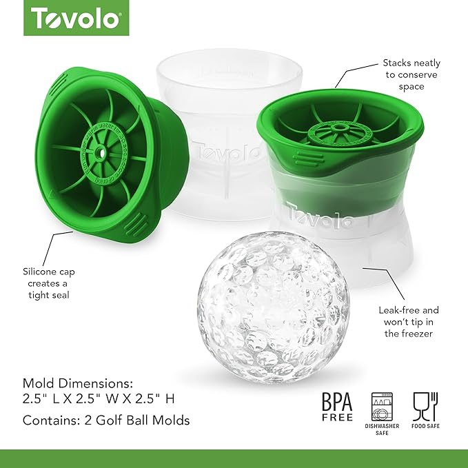 Tovolo Craft Ice Molds – Golf Ball Shaped Ice Spheres for Whiskey, Bourbon, Cocktails, Gifts & More – Pack of 2 Stackable Sports Molds with Leak-Resistant Lids, BPA-Free Silicone, Dishwasher-Safe