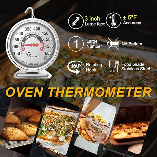 KT THERMO Oven Thermometer150-600°F, Oven Grill Fry Chef Smoker Analog Thermometer Instant Read Stainless Steel Kitchen Cooking Thermometer
