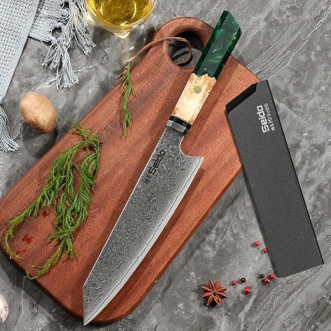Seido Knives Kiritsuke Damascus Steel Chef Knife Epoxy Resin Stabilized Wood Handle Professional Kitchen Knife VG10 High Carbon Stainless Steel, Forest Green