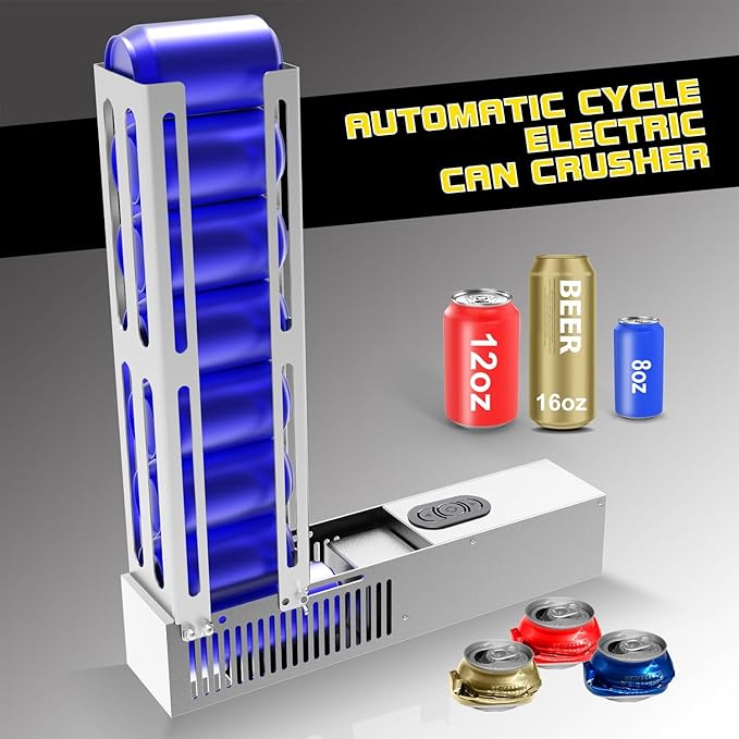 Electric Can Crusher, Automatic Electric Can Crushers for Recycling 12oz&16oz Cans, Fill 8 cans at a Time, Aluminum Can Smasher for Recycling Aluminum Seltzer, Cola, Beer Cans