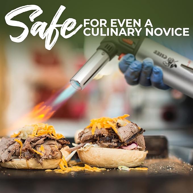 Jo Chef Kitchen Torch with Butane Included – Refillable Lighter with Safety Lock & Adjustable Flame, Blow Culinary Torch for Cooking, BBQ, Creme Brulee, DIY and Soldering - 1 Can (5.07oz) Included
